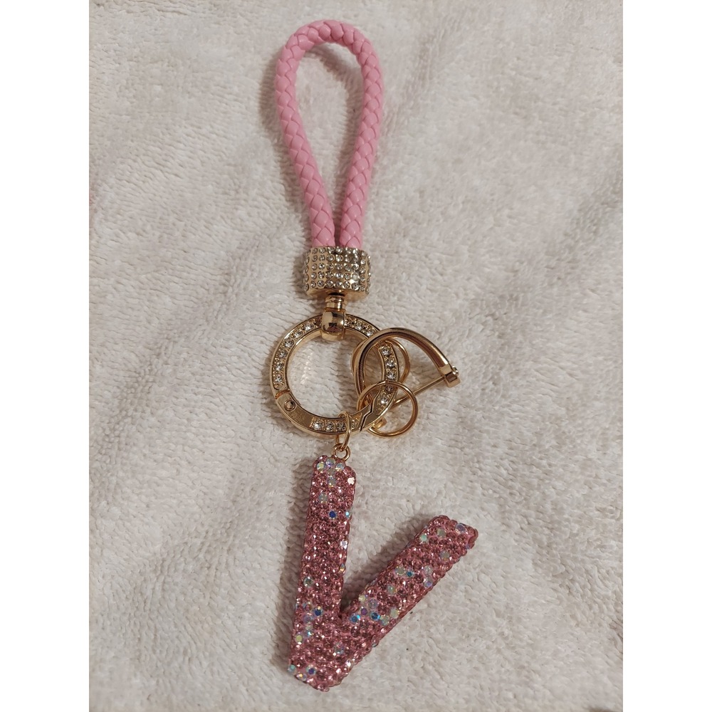 Pink Rhinestone Letter V Keychain, Purse Charm, Initial‎ Bag Accessory